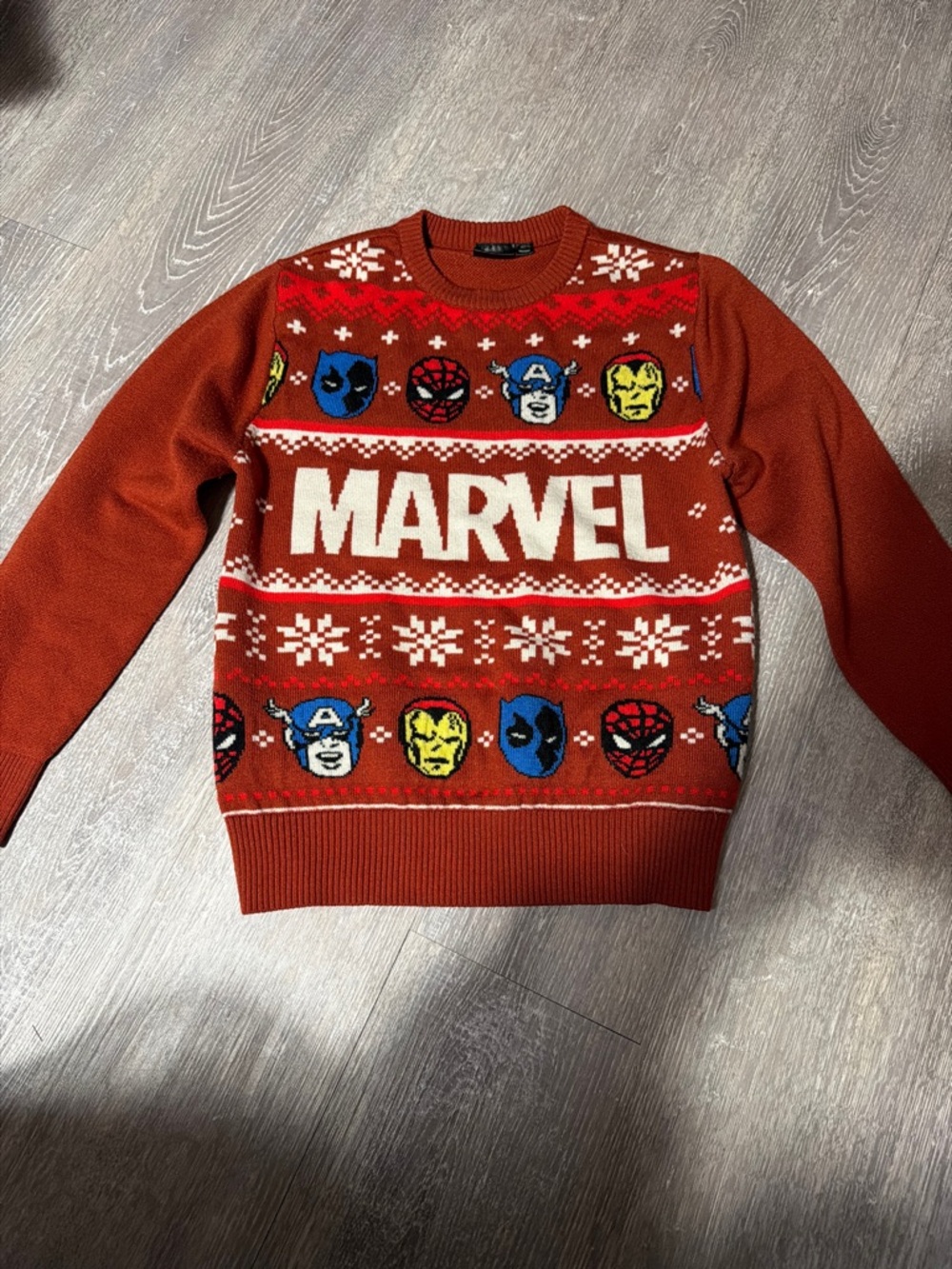 Marvel Brick Red Crewneck Sweater with Hero Faces
